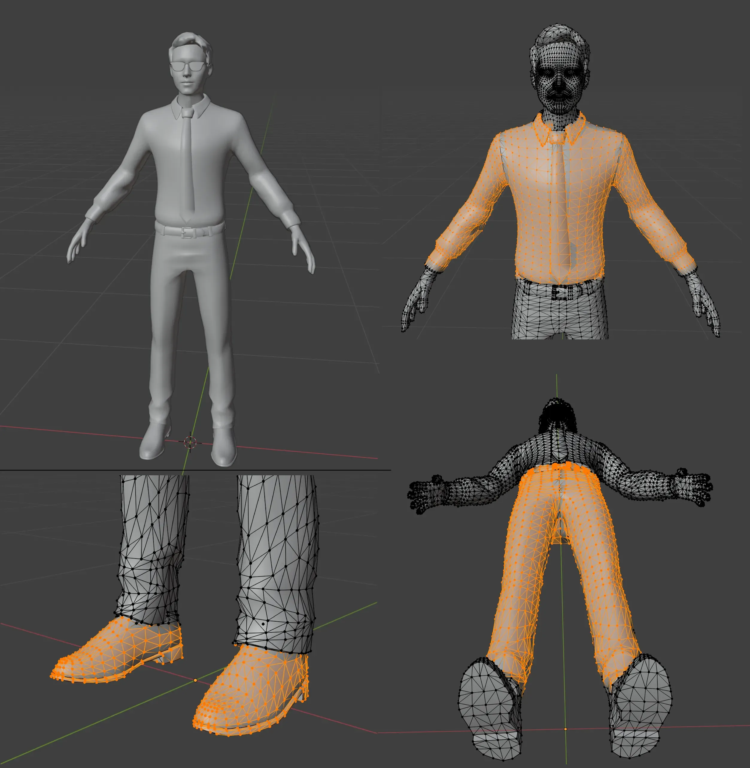 Blender wireframe views of the avatar's clothing mesh with weight-painted cloth groups on the shirt, trousers, and shoes