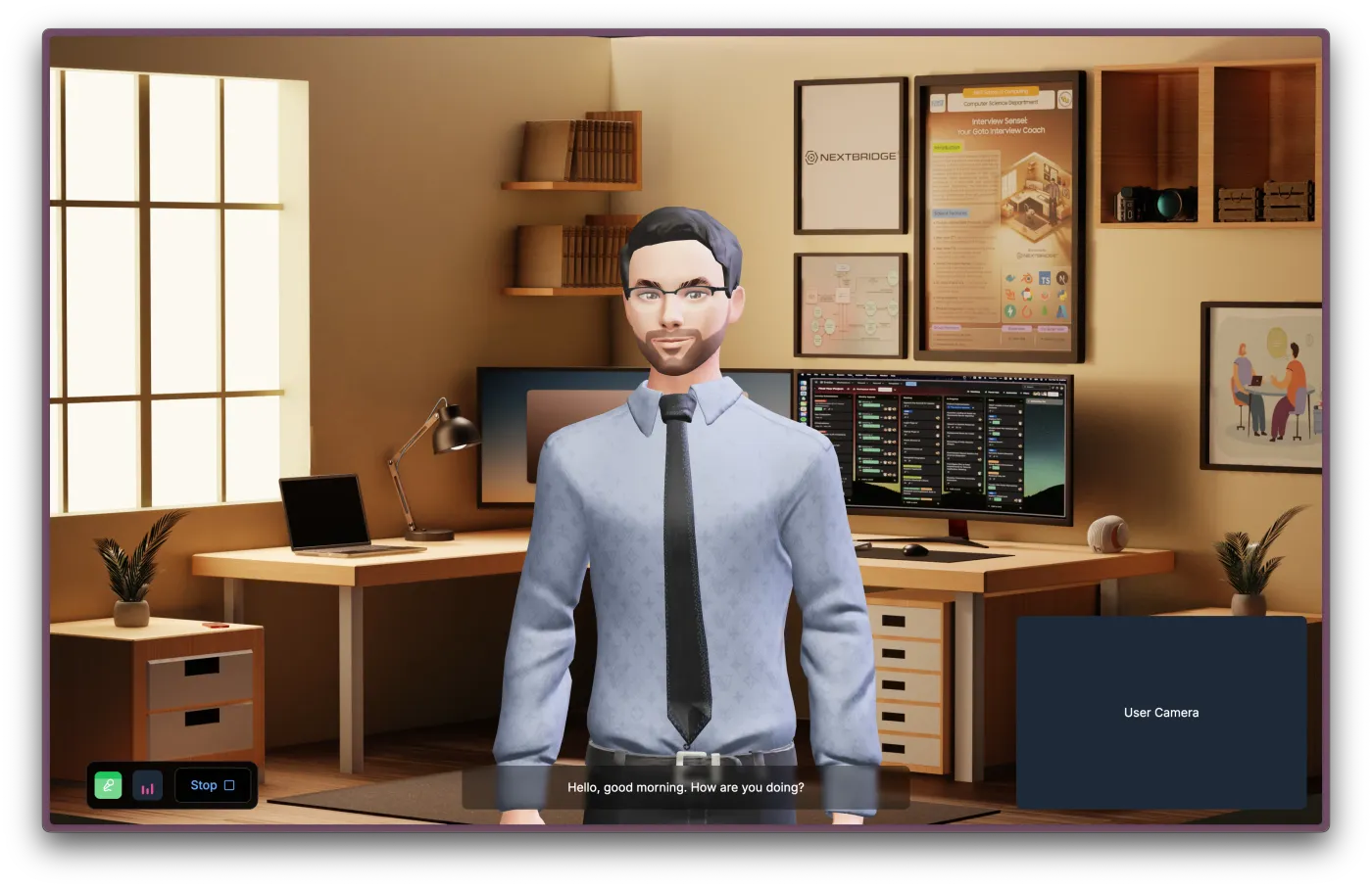 A live interview session: the 3D avatar interviewer beside the candidate camera feed, with push-to-talk and session controls.